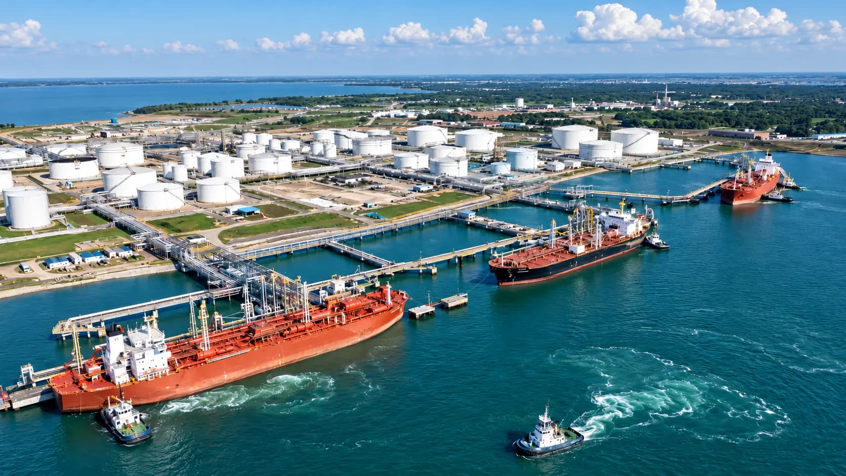 Vista aérea de buques tanque y tanques de almacenamiento en una terminal petrolera