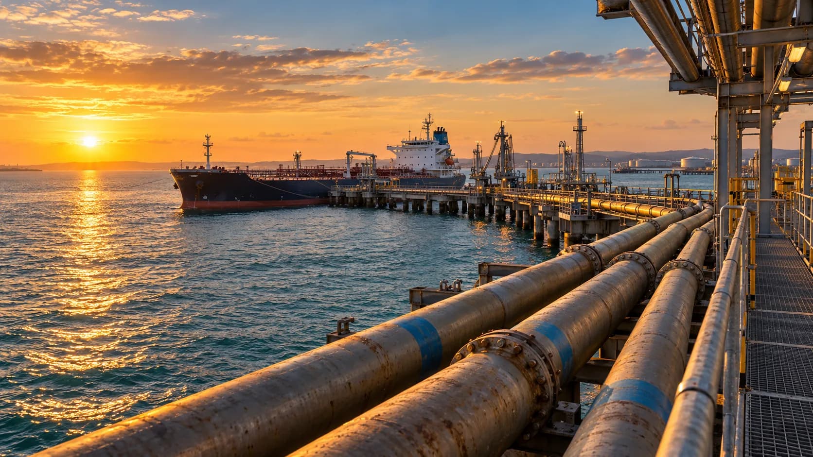 Buque tanque y tuberías de transferencia en una terminal petrolera al atardecer